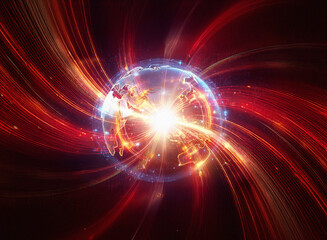 Poster - Abstract sci-fi double exposure image. A glowing earth at the center is surrounded by swirling red and orange energy streams against a dark background.  The effect is dynamic and energetic.