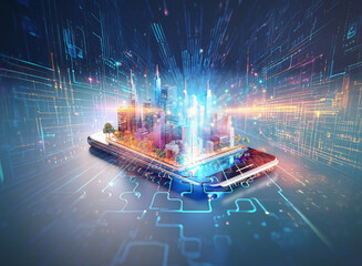 Poster - A vibrant cityscape emerges from a smartphone, symbolizing the convergence of technology and urban life.  Digital circuits and glowing lines surround the device, highlighting the interconnectedness of