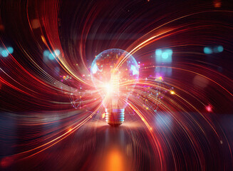 Leinwandbilder - A glowing lightbulb at the center of swirling, vibrant energy streams.  It symbolizes innovation, creativity, and the birth of new ideas.