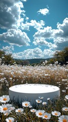Aufkleber - In a serene field, a simple white podium catches the light, surrounded by blooming daisies. Fluffy clouds drift lazily in the sky, enhancing the daydream-like atmosphere of this peaceful scene