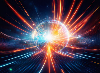 Poster - Abstract sci-fi double exposure image. A glowing earth is at the center, with streaks of vibrant red and blue light radiating outwards, creating a dynamic, futuristic background.