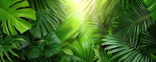 Wall Mural - Tropical island nature concept. Lush green leaves illuminated by soft sunlight, creating a vibrant natural atmosphere.