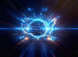 Poster - Abstract sci-fi double exposure image. A glowing, futuristic map of the United States is embedded within a spherical, energy-filled background.  Light streaks radiate outwards.
