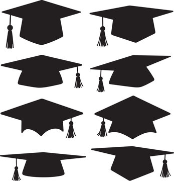 Graduation hat cap icons set. Academic cap. Graduation student black cap and diploma 