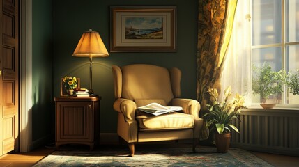 Poster - office corner with a soft armchair, a floor lamp, and a small side table for reading or brainstorming.