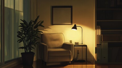 Poster - office corner with a soft armchair, a floor lamp, and a small side table for reading or brainstorming.