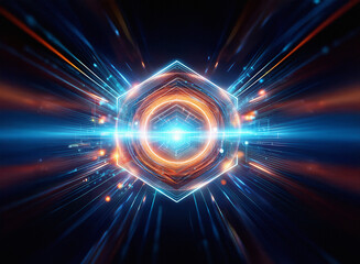 Aufkleber - Abstract sci-fi background featuring a double exposure of a glowing hexagonal structure with vibrant energy streaks, creating a futuristic and dynamic visual.