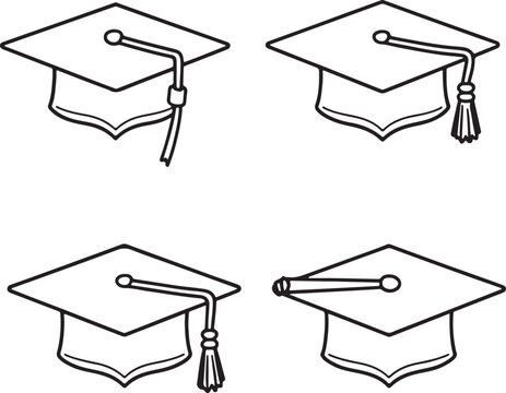 Graduation hat cap icons set. Academic cap. Graduation student black cap and diploma 