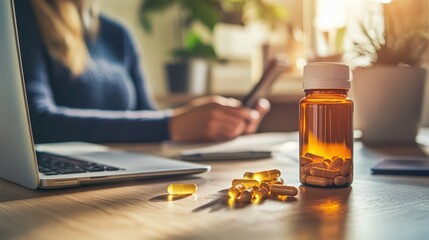 Poster - sitting at a desk with a bottle of eye health supplements, such as lutein and zeaxanthin, to protect vision after long hours of screen time
