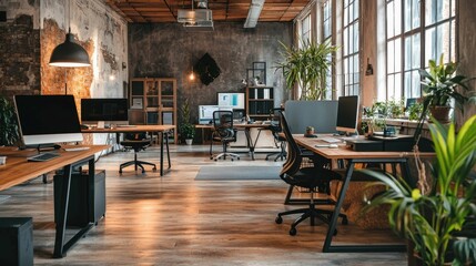 Poster - Modern Industrial Office Space with Natural Light and Greenery
