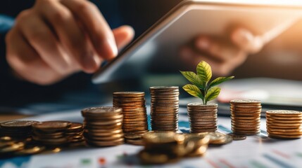 Poster - person using a tablet to research investment options, exploring stocks, bonds, and real estate oppor