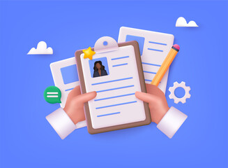 Poster - Recruiters hands holding cv. HR management concept. Human resources. Searching professional staff. 3D Web Vector Illustrations.