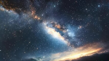 Wall Mural - Witness the breathtaking beauty of a spiral galaxy illuminating the night as twilight casts its glow across the tranquil landscape. A mesmerizing cosmic sight unfolds in the dark sky.