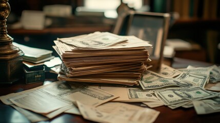 Poster - A pile of cash and investment documents on a table, symbolizing financial growth. Smart investments can lead to significant wealth accumulation when managed wisely