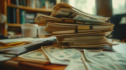 Poster - A pile of cash and investment documents on a table, symbolizing financial growth. Smart investments can lead to significant wealth accumulation when managed wisely