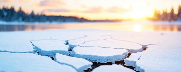 Wall Mural - Frozen lake nature concept. Cracked ice formations reflect the serene beauty of a winter sunset over calm waters.