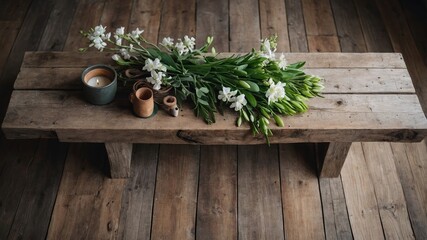 Poster - rustic wooden table adorned with fresh white flowers and greenery surrounded by simple pottery