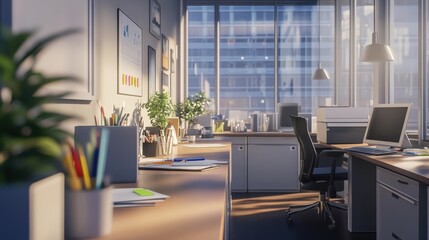 Poster - workspace with cubicles, neatly arranged supplies, and quiet surroundings for focused productivity