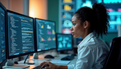 Poster - focused black businesswoman works at computer terminal. global network connectivity. modern control 