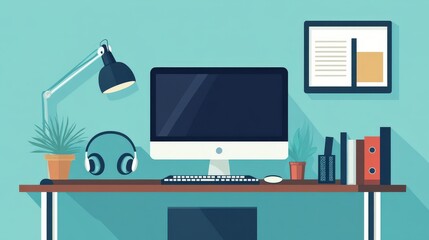 Poster - focused workspace with a desktop computer, headphones, and a neatly organized desk setup.