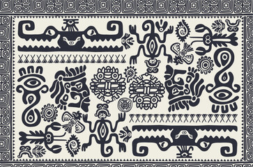Seamless Maya pattern. Vector ethnic elements. Tribal doodles ornament. Abstract pattern ancient symbols birds, animals and faces.
