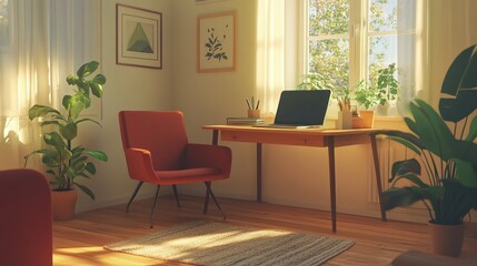 Poster - home office setup featuring a simple desk, a laptop, and a comfortable chair in a cozy corner near a window.