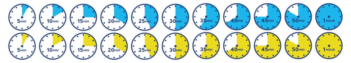 Wall Mural - 5, 10, 15, 20, 25, 30, 40, 45, 50, 55 minutes and 1 hour waiting time clock icon collection.