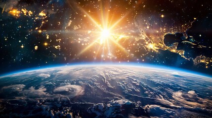 Wall Mural - stunning view of sunlight ascending over earth's horizon in outer space, showcasing vibrant hues of 