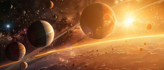 Wall Mural - Majestic cosmic dawn revealing a radiant sunrise over multiple planets and glowing star fields in a breathtaking galactic panorama