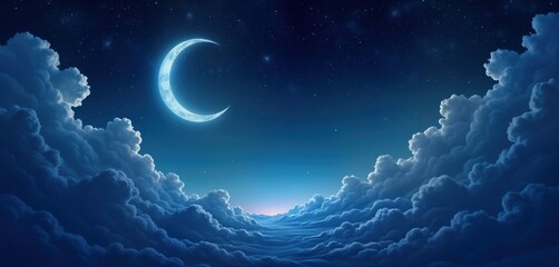 Wall Mural - night sky with beautiful clouds and a crescent moon. stars twinkle above a blanket of clouds. mystic