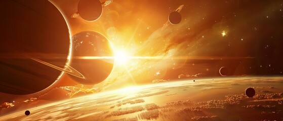 Wall Mural - Majestic cosmic dawn revealing a radiant sunrise over multiple planets and glowing star fields in a breathtaking galactic panorama