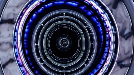 Poster - A cinematic head-on view of a humming jet engine, blue and purple hues radiating from its blades, highlighting intricate mechanical details.