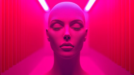 Wall Mural - A futuristic, neon-lit mannequin with a bald head exudes an eerie, serene vibe, set against a vibrant pink backdrop.