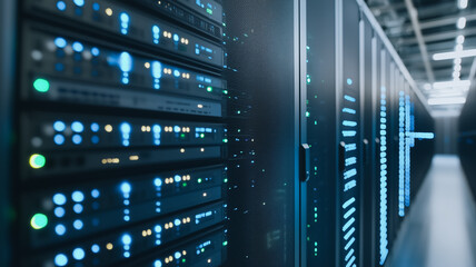 Poster - Server Room Data Center: Rows of powerful servers hum with activity in a modern data center, showcasing the intricate network infrastructure and technological advancement.  
