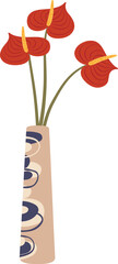 Poster - Three red anthurium flowers with yellow pistils standing in a beige ceramic vase decorated with blue and light brown circles on a white background