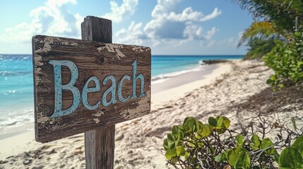 Poster - Rustic signpost reading Beach stands at the edge of a pristine shoreline, with gentle waves lapping against the sand under a bright blue sky filled with fluffy clouds