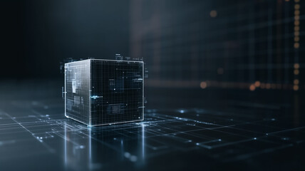 Poster - Digital Core: Futuristic, transparent cube with glowing digital circuitry, reflecting on a dark, technological surface. Symbolizing innovation, computing power, and the future of technology. 