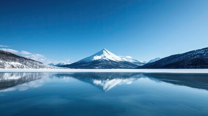 Wall Mural - Frozen lake nature concept. A tranquil winter landscape with a snow-covered mountain and clear blue lake.