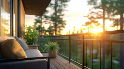 Sticker - sleek modern balcony with wooden terrace, featuring cozy seating area and lush green trees in background, illuminated by warm sunset glow