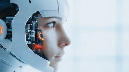Poster - The Future Gazes Back: A close-up portrait of a humanoid robot, its metallic shell revealing intricate circuitry, its eyes reflecting a depth of intelligence.