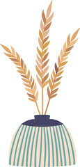 Poster - Three stylized wheat branches with long stems standing inside a blue and beige striped vase, bringing a touch of nature and rustic charm to interior design