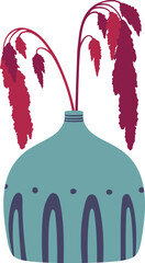 Poster - Two stems of red amaranth flowers are displayed in a decorative turquoise vase with purple lines and dots, creating a simple yet elegant floral arrangement