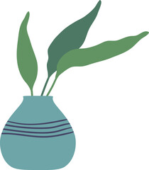 Poster - Minimalist illustration of a plant with large green leaves growing from a light blue vase with horizontal dark blue stripes, representing home decoration and care for houseplants