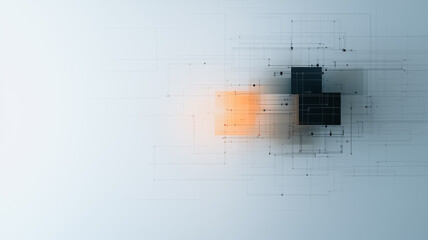 Poster - Abstract Tech Grid: A captivating minimalist design showcasing a geometric grid of lines and shapes, punctuated by  a bright orange cube glowing against a sleek, contemporary background.