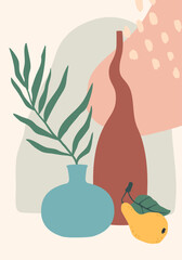 Poster - Minimalist still life composition balancing organic shapes with geometric forms, featuring a vase with a plant, a bottle, and a pear, creating a serene and artistic atmosphere