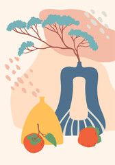 Poster - Minimalist still life composition featuring a persimmon, a bonsai tree in a blue vase, a yellow vase, and abstract shapes creating a modern and artistic aesthetic