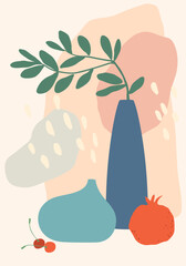 Poster - Modern and colorful still life composition featuring a plant in a vase, a pomegranate, cherries, another vase and abstract shapes in pastel colors creating a decorative and artistic scene