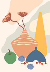 Poster - Colorful still life composition featuring dried lotus flowers in a vase, an apple, plums, and abstract shapes, creating a modern and artistic arrangement
