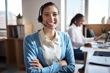 Poster - Woman, arms crossed and call centre operator in office, telemarketing agent and customer support. Female person, professional and coworking space in workplace, contact us and consultant portrait