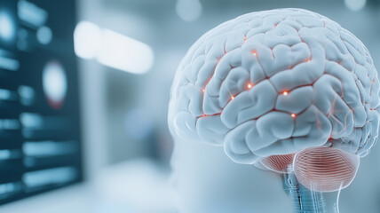 Poster - Brainpower Illuminated: A close-up shot of a human brain model with glowing red light illuminating the cerebral cortex, symbolizing cognitive activity and the power of the mind.